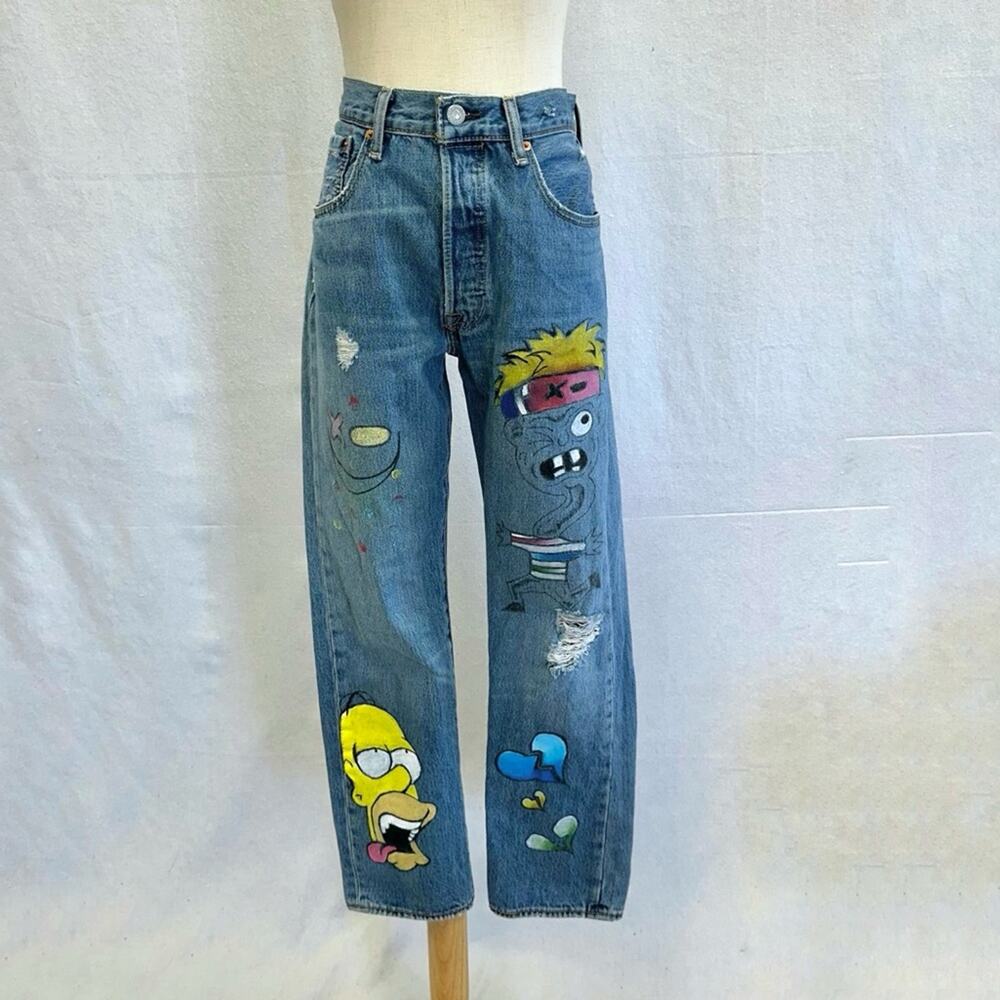 Levi's 501 custom hand painted cartoon graffiti high waist jeans size 32x30 - Picture 16 of 16